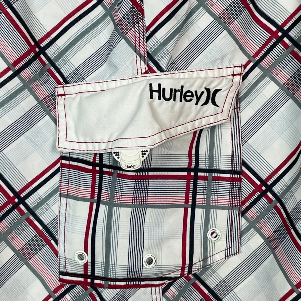 Hurley Mens Plaid Board Shorts White Red Black‎ Cargo Pocket MB04PN Size 34